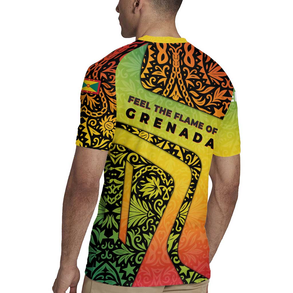 Grenada Tribal Floral Pattern Rugby Jersey with Rasta Gradient and Flame Motto Design - Wonder Print Shop