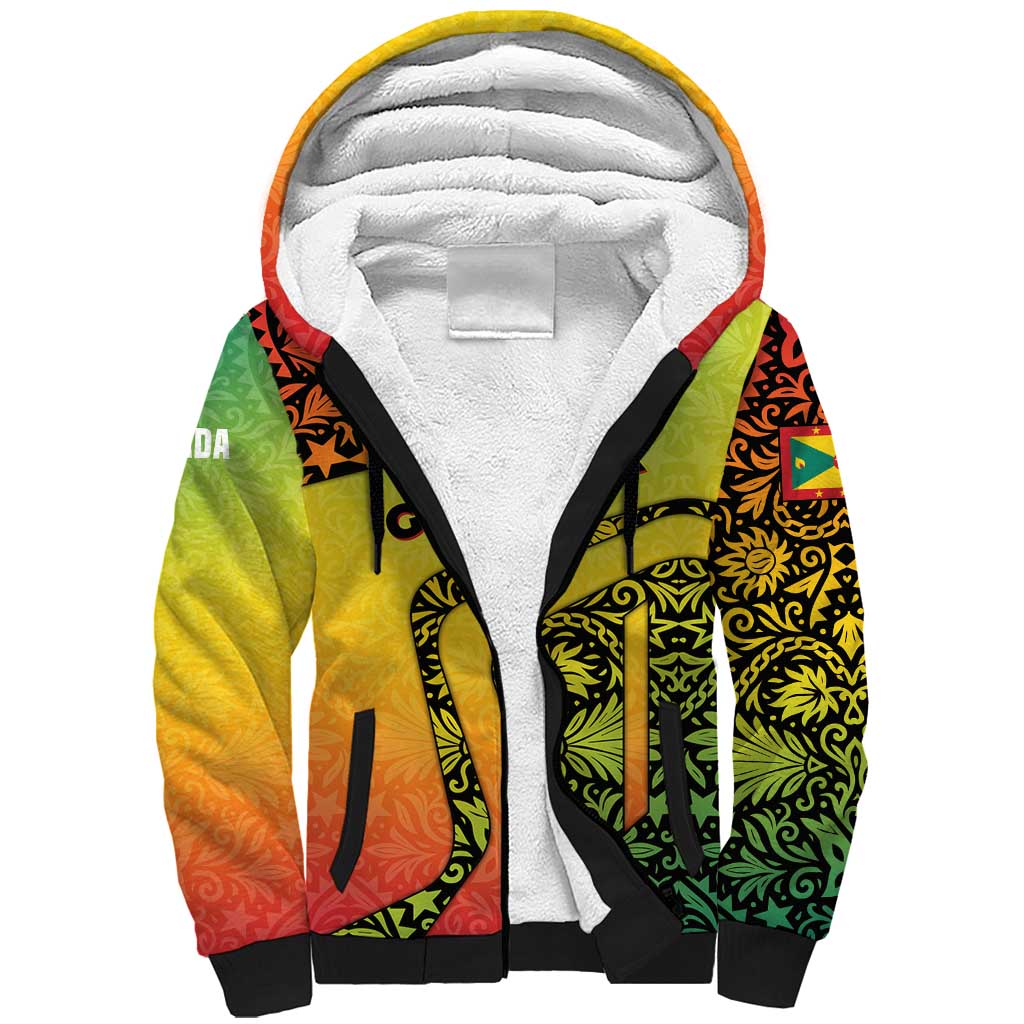 Grenada Tribal Floral Pattern Sherpa Hoodie with Rasta Gradient and Flame Motto Design - Wonder Print Shop