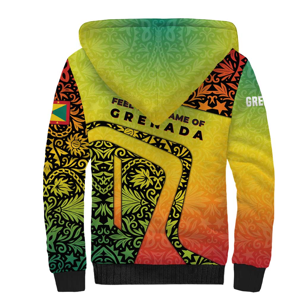 Grenada Tribal Floral Pattern Sherpa Hoodie with Rasta Gradient and Flame Motto Design - Wonder Print Shop