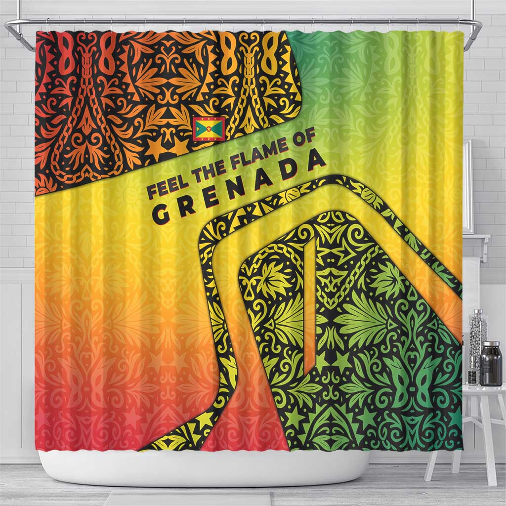 Grenada Tribal Floral Pattern Shower Curtain with Rasta Gradient and Flame Motto Design - Wonder Print Shop