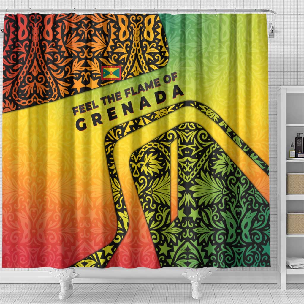 Grenada Tribal Floral Pattern Shower Curtain with Rasta Gradient and Flame Motto Design - Wonder Print Shop