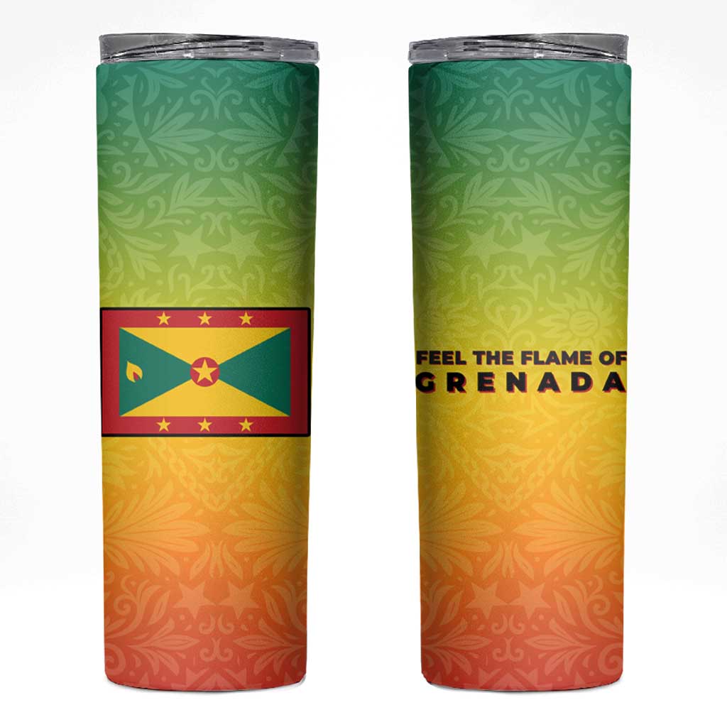 Grenada Tribal Floral Pattern Skinny Tumbler with Rasta Gradient and Flame Motto Design - Wonder Print Shop