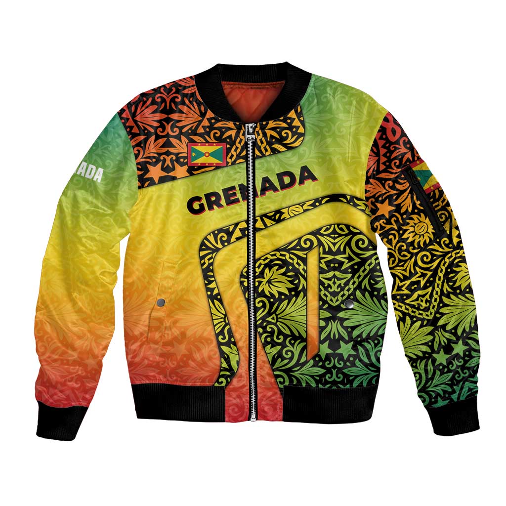 Grenada Tribal Floral Pattern Sleeve Zip Bomber Jacket with Rasta Gradient and Flame Motto Design - Wonder Print Shop