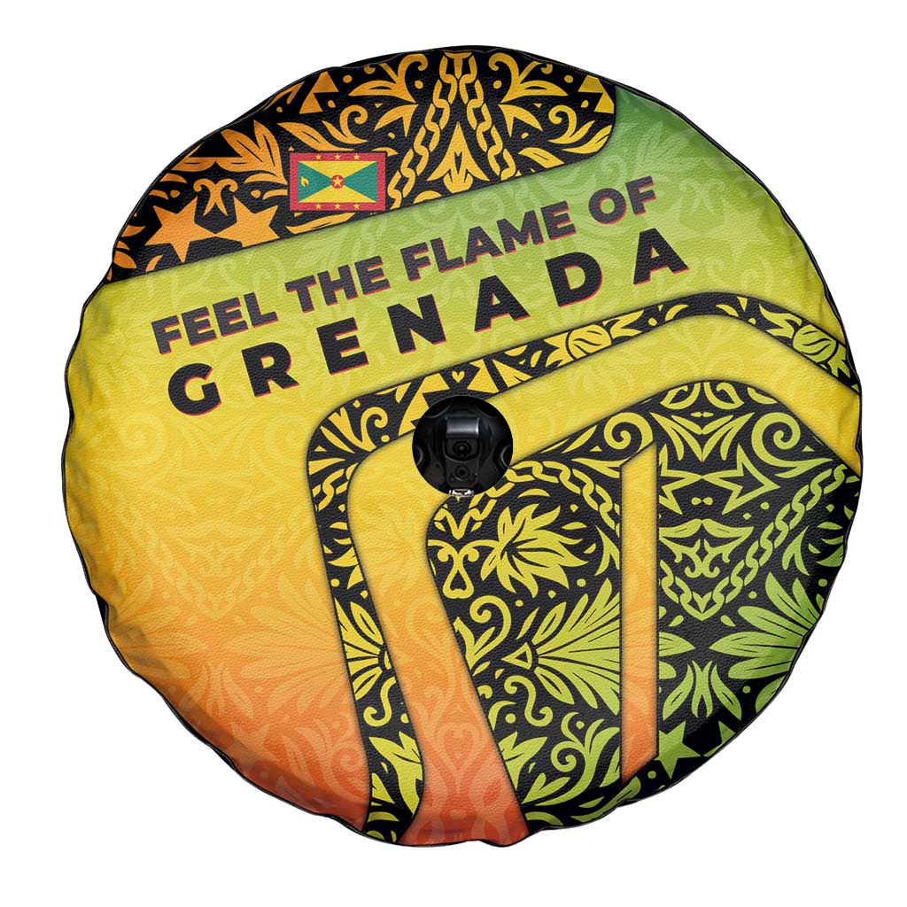 Grenada Tribal Floral Pattern Spare Tire Cover with Rasta Gradient and Flame Motto Design - Wonder Print Shop