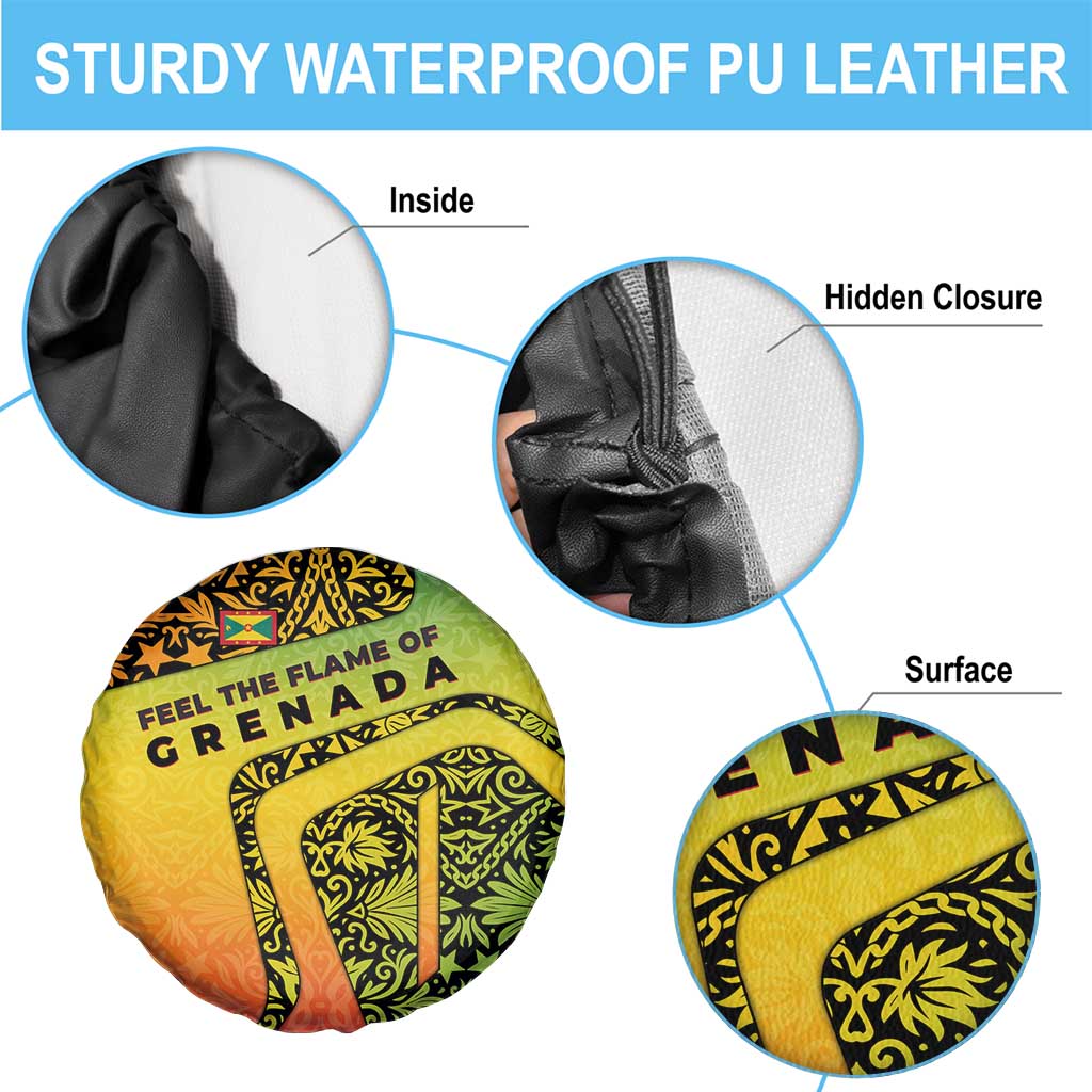 Grenada Tribal Floral Pattern Spare Tire Cover with Rasta Gradient and Flame Motto Design - Wonder Print Shop