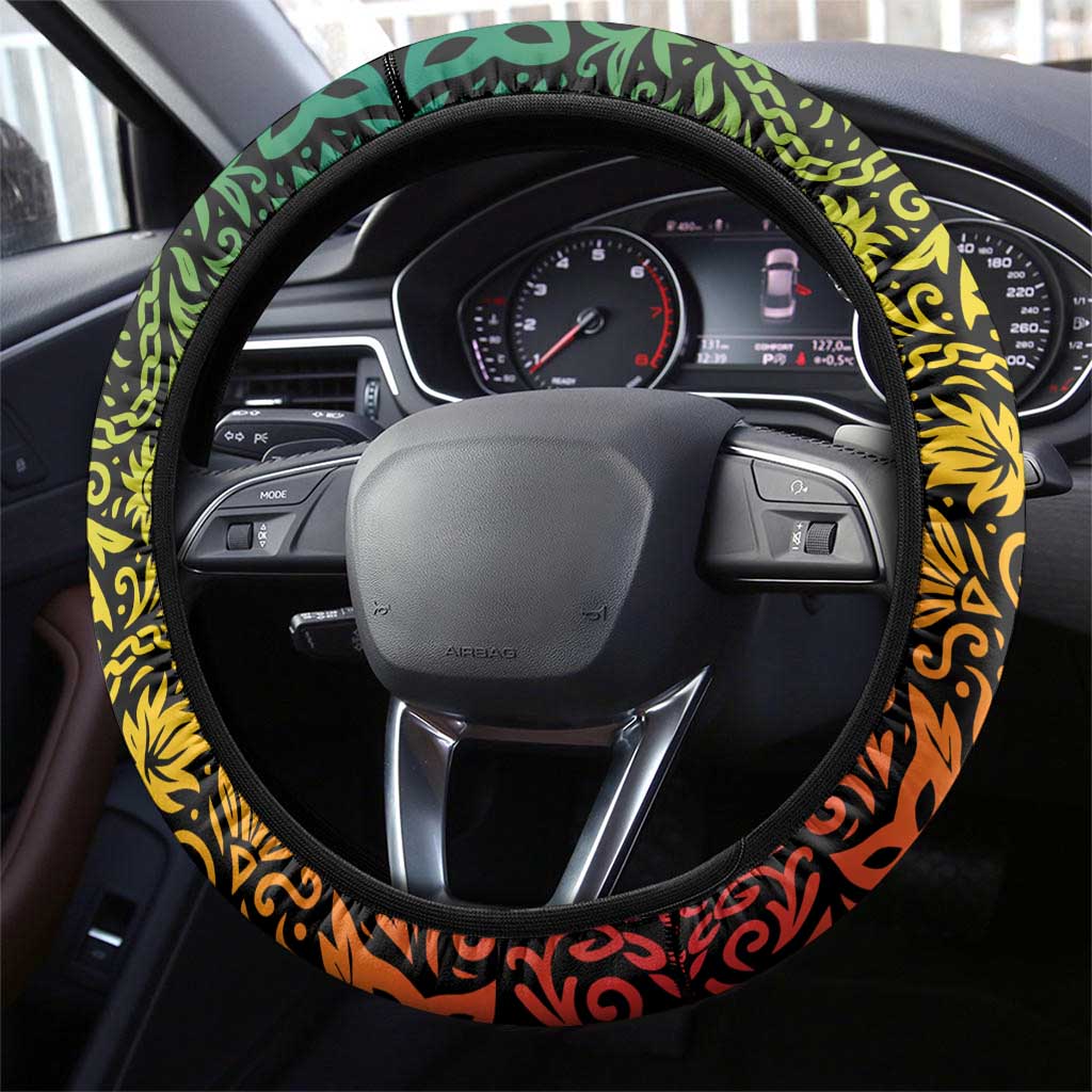 Grenada Tribal Floral Pattern Steering Wheel Cover with Rasta Gradient and Flame Motto Design - Wonder Print Shop