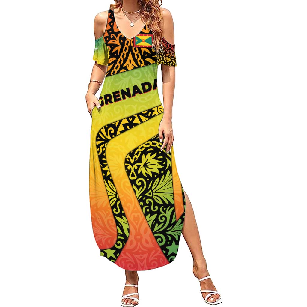 Grenada Tribal Floral Pattern Summer Maxi Dress with Rasta Gradient and Flame Motto Design - Wonder Print Shop