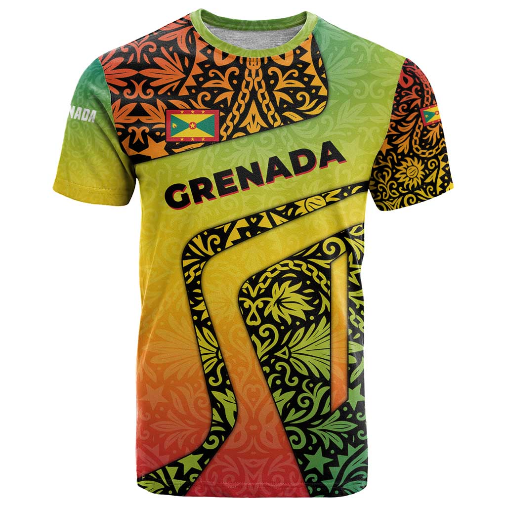 Grenada Tribal Floral Pattern T Shirt with Rasta Gradient and Flame Motto Design - Wonder Print Shop
