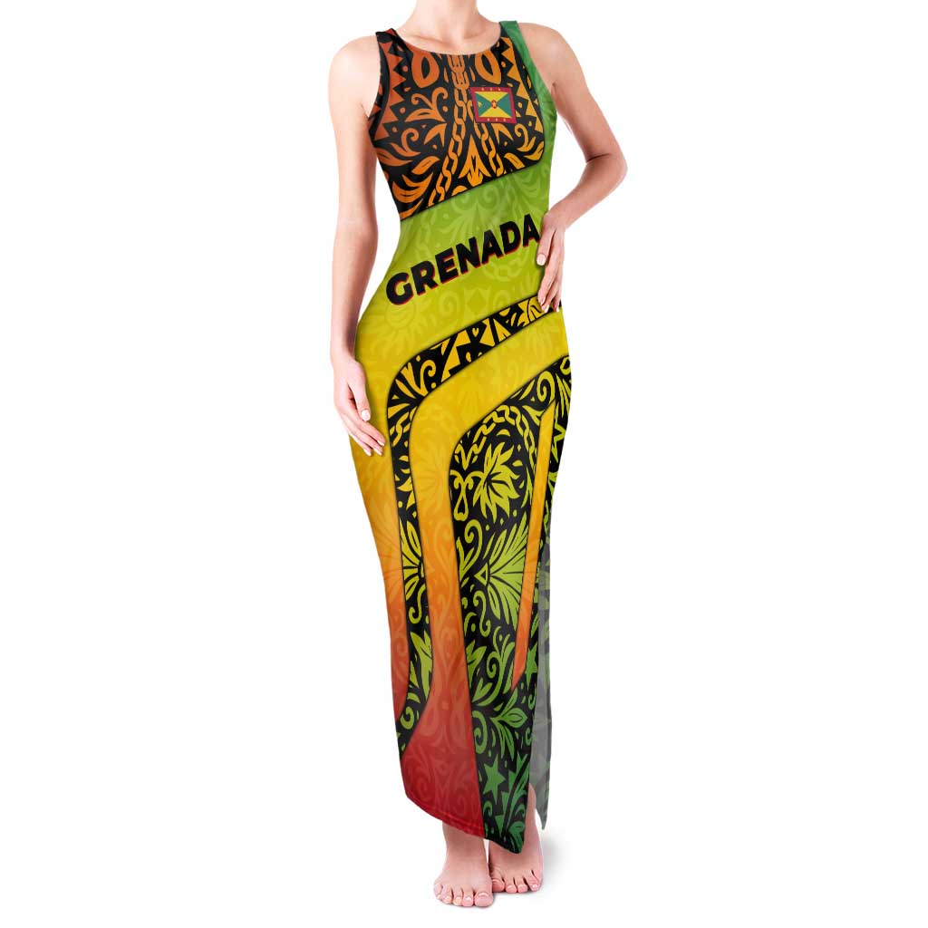 Grenada Tribal Floral Pattern Tank Maxi Dress with Rasta Gradient and Flame Motto Design - Wonder Print Shop