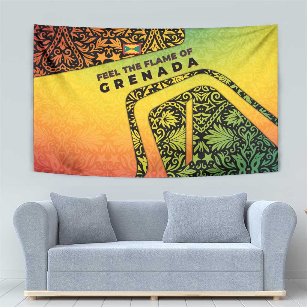 Grenada Tribal Floral Pattern Tapestry with Rasta Gradient and Flame Motto Design - Wonder Print Shop