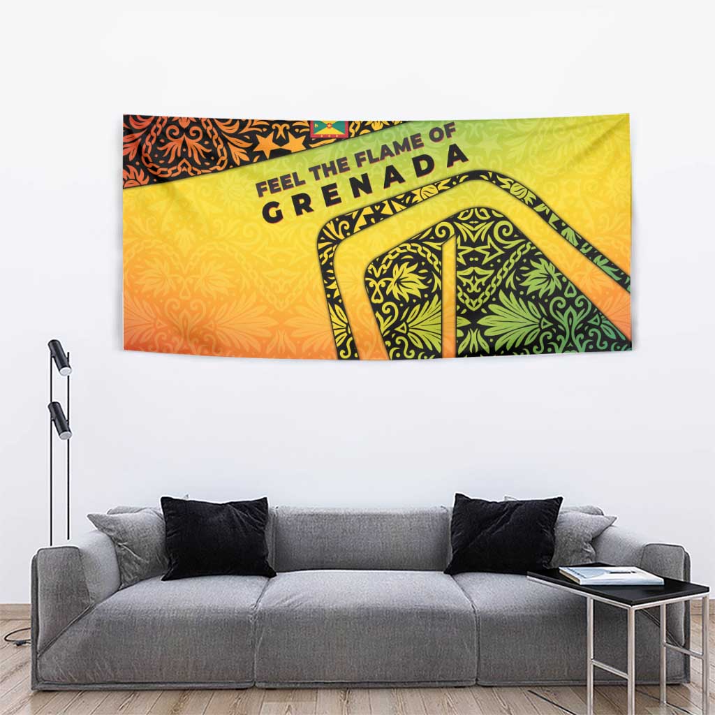 Grenada Tribal Floral Pattern Tapestry with Rasta Gradient and Flame Motto Design - Wonder Print Shop