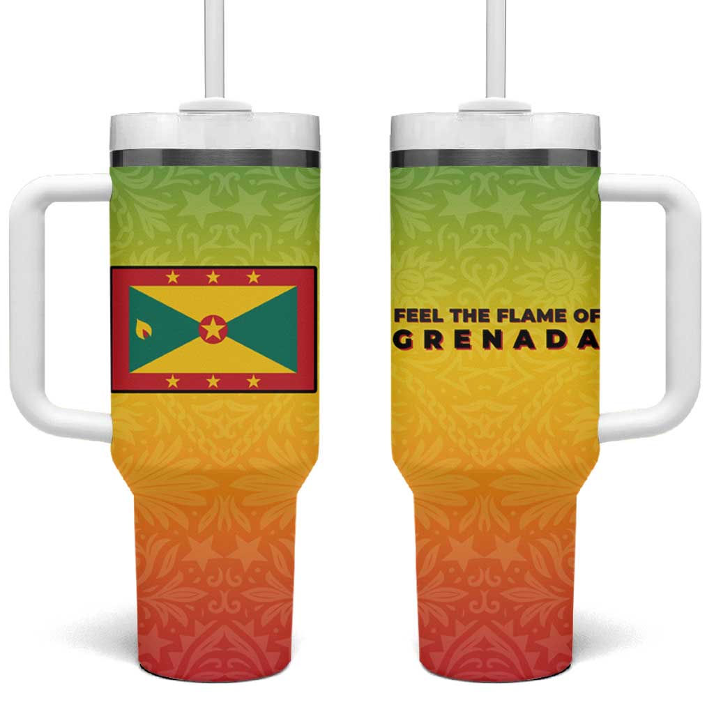 Grenada Tribal Floral Pattern Tumbler With Handle with Rasta Gradient and Flame Motto Design - Wonder Print Shop
