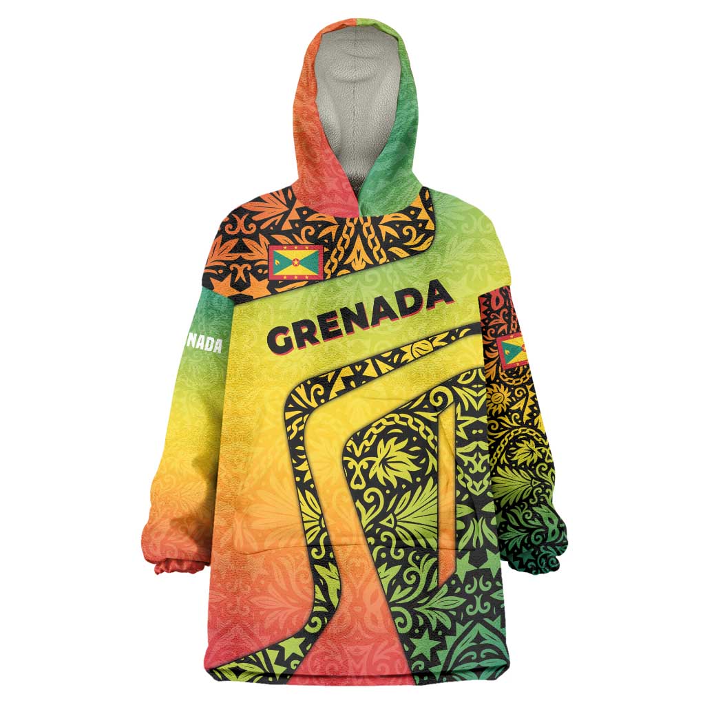 Grenada Tribal Floral Pattern Wearable Blanket Hoodie with Rasta Gradient and Flame Motto Design - Wonder Print Shop