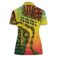 Grenada Tribal Floral Pattern Women Polo Shirt with Rasta Gradient and Flame Motto Design - Wonder Print Shop