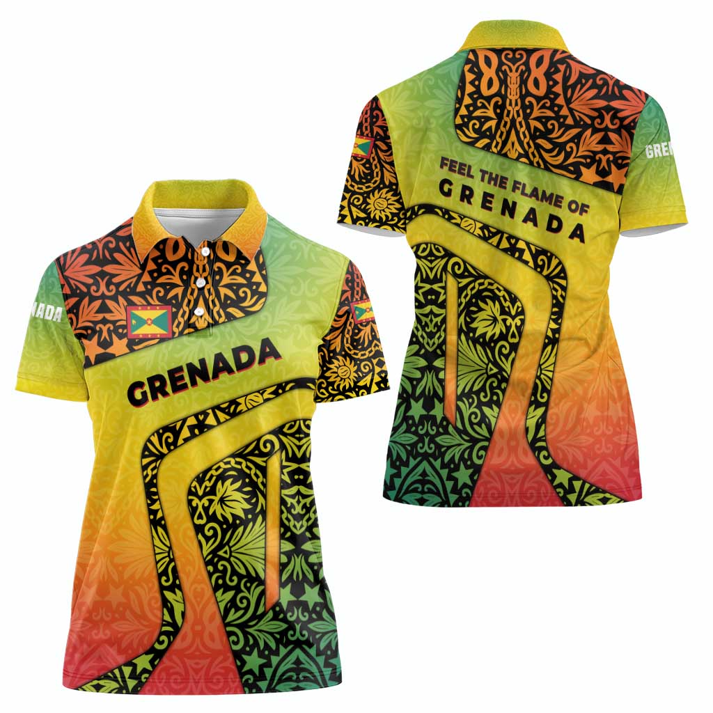 Grenada Tribal Floral Pattern Women Polo Shirt with Rasta Gradient and Flame Motto Design - Wonder Print Shop