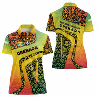 Grenada Tribal Floral Pattern Women Polo Shirt with Rasta Gradient and Flame Motto Design - Wonder Print Shop