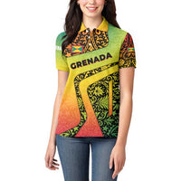 Grenada Tribal Floral Pattern Women Polo Shirt with Rasta Gradient and Flame Motto Design - Wonder Print Shop