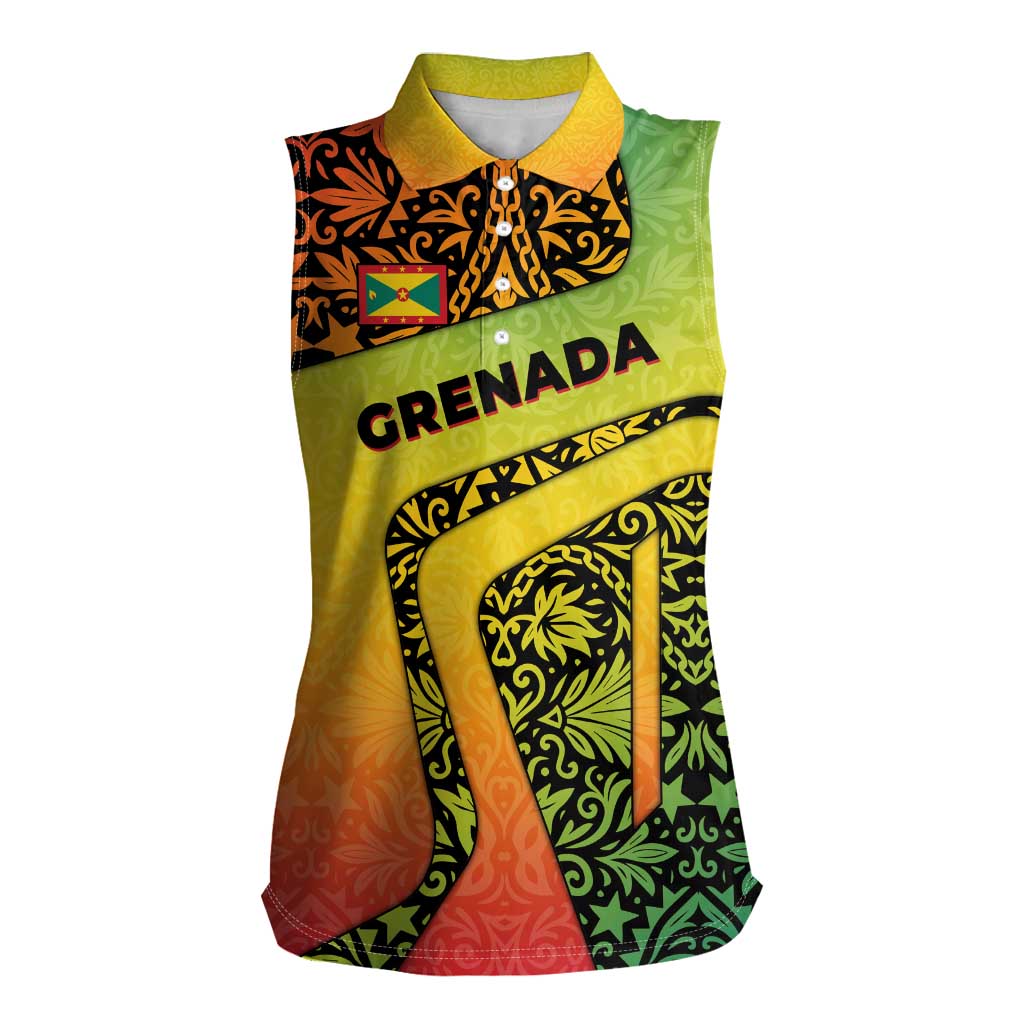 Grenada Tribal Floral Pattern Women Sleeveless Polo Shirt with Rasta Gradient and Flame Motto Design - Wonder Print Shop