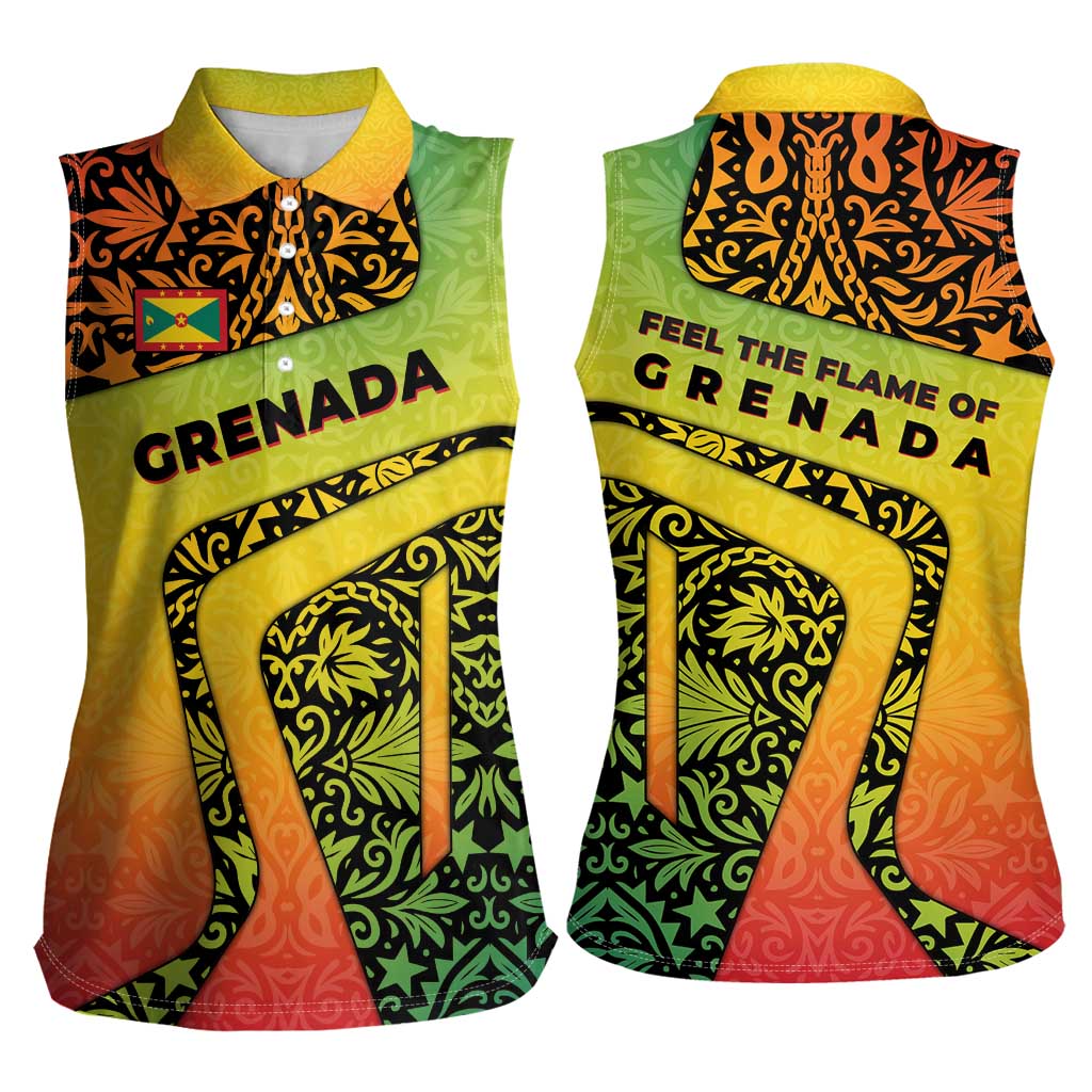 Grenada Tribal Floral Pattern Women Sleeveless Polo Shirt with Rasta Gradient and Flame Motto Design - Wonder Print Shop