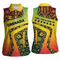 Grenada Tribal Floral Pattern Women Sleeveless Polo Shirt with Rasta Gradient and Flame Motto Design - Wonder Print Shop
