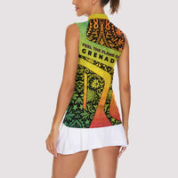 Grenada Tribal Floral Pattern Women Sleeveless Polo Shirt with Rasta Gradient and Flame Motto Design - Wonder Print Shop