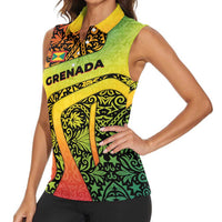 Grenada Tribal Floral Pattern Women Sleeveless Polo Shirt with Rasta Gradient and Flame Motto Design - Wonder Print Shop