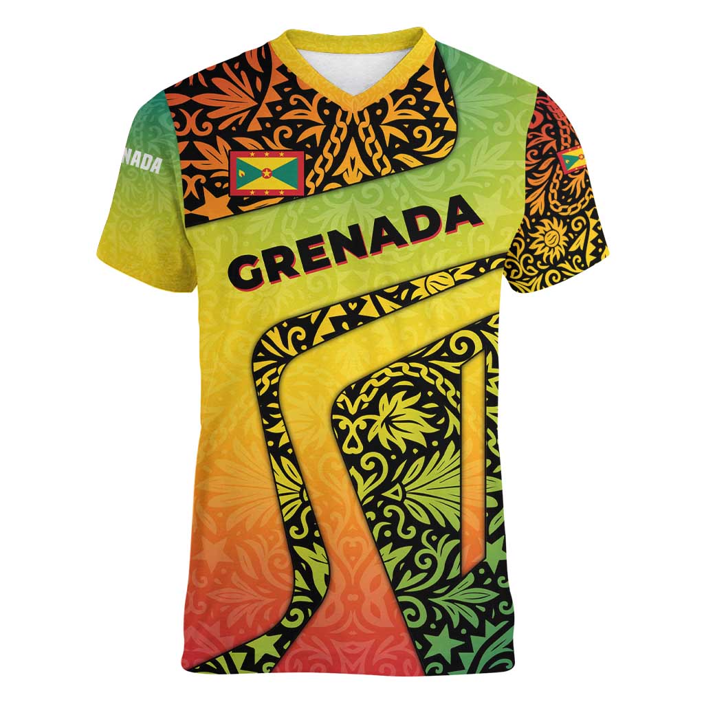 Grenada Tribal Floral Pattern Women V-Neck T-Shirt with Rasta Gradient and Flame Motto Design - Wonder Print Shop