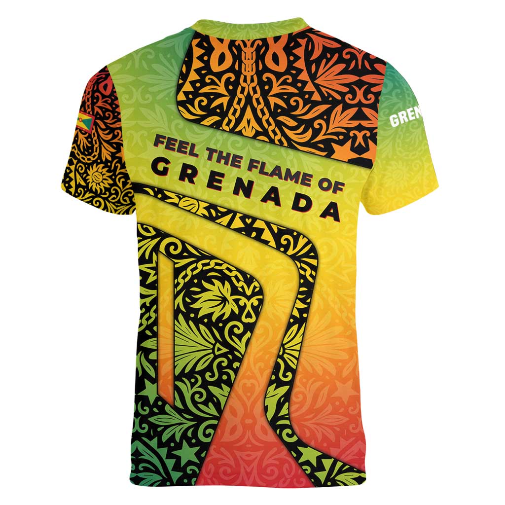Grenada Tribal Floral Pattern Women V-Neck T-Shirt with Rasta Gradient and Flame Motto Design - Wonder Print Shop