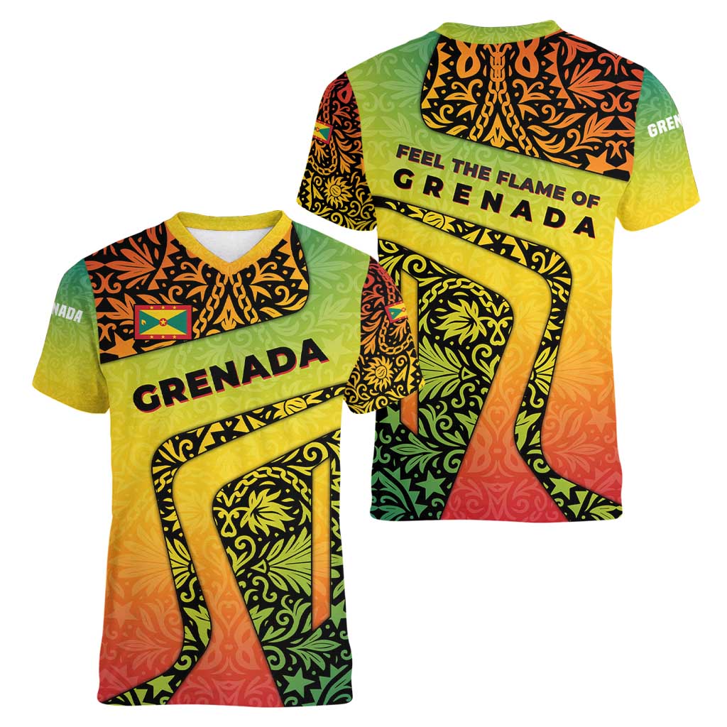 Grenada Tribal Floral Pattern Women V-Neck T-Shirt with Rasta Gradient and Flame Motto Design - Wonder Print Shop