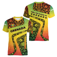 Grenada Tribal Floral Pattern Women V-Neck T-Shirt with Rasta Gradient and Flame Motto Design - Wonder Print Shop