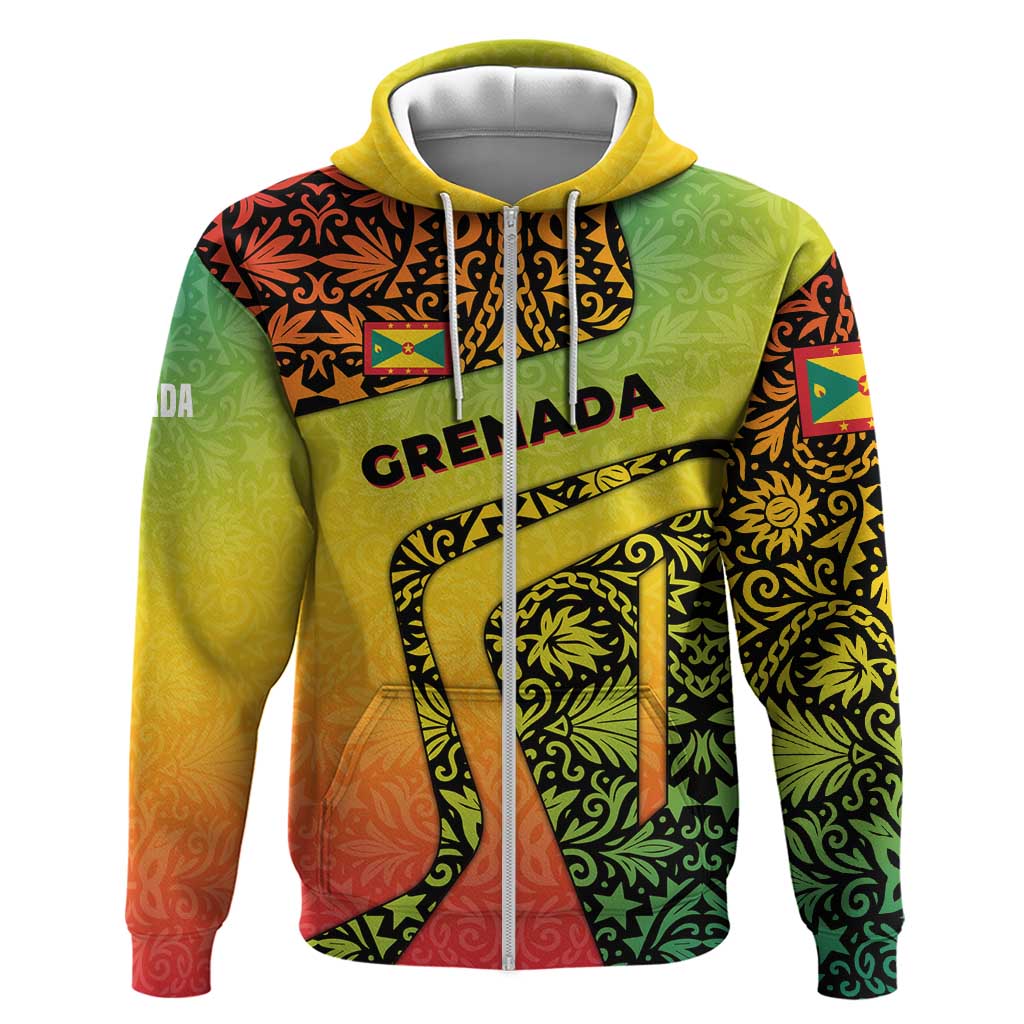 Grenada Tribal Floral Pattern Zip Hoodie with Rasta Gradient and Flame Motto Design - Wonder Print Shop