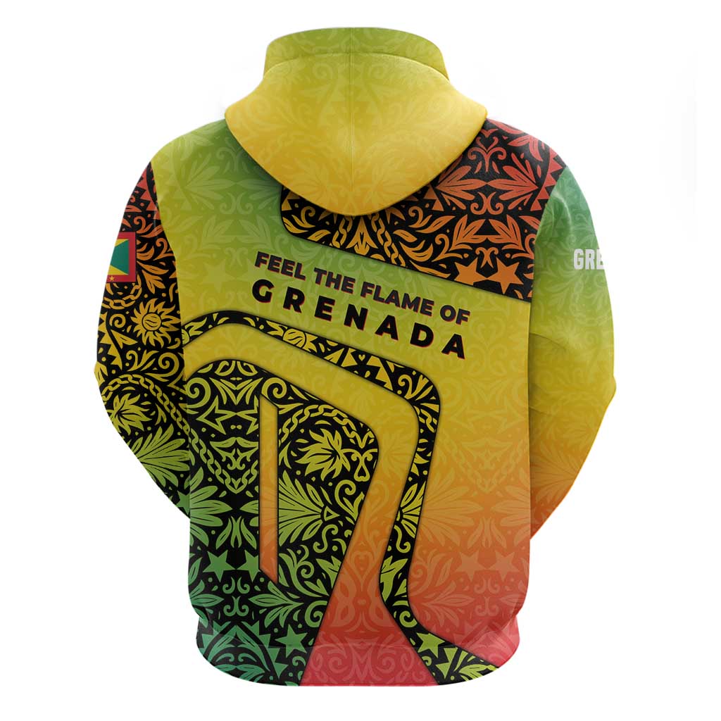 Grenada Tribal Floral Pattern Zip Hoodie with Rasta Gradient and Flame Motto Design - Wonder Print Shop