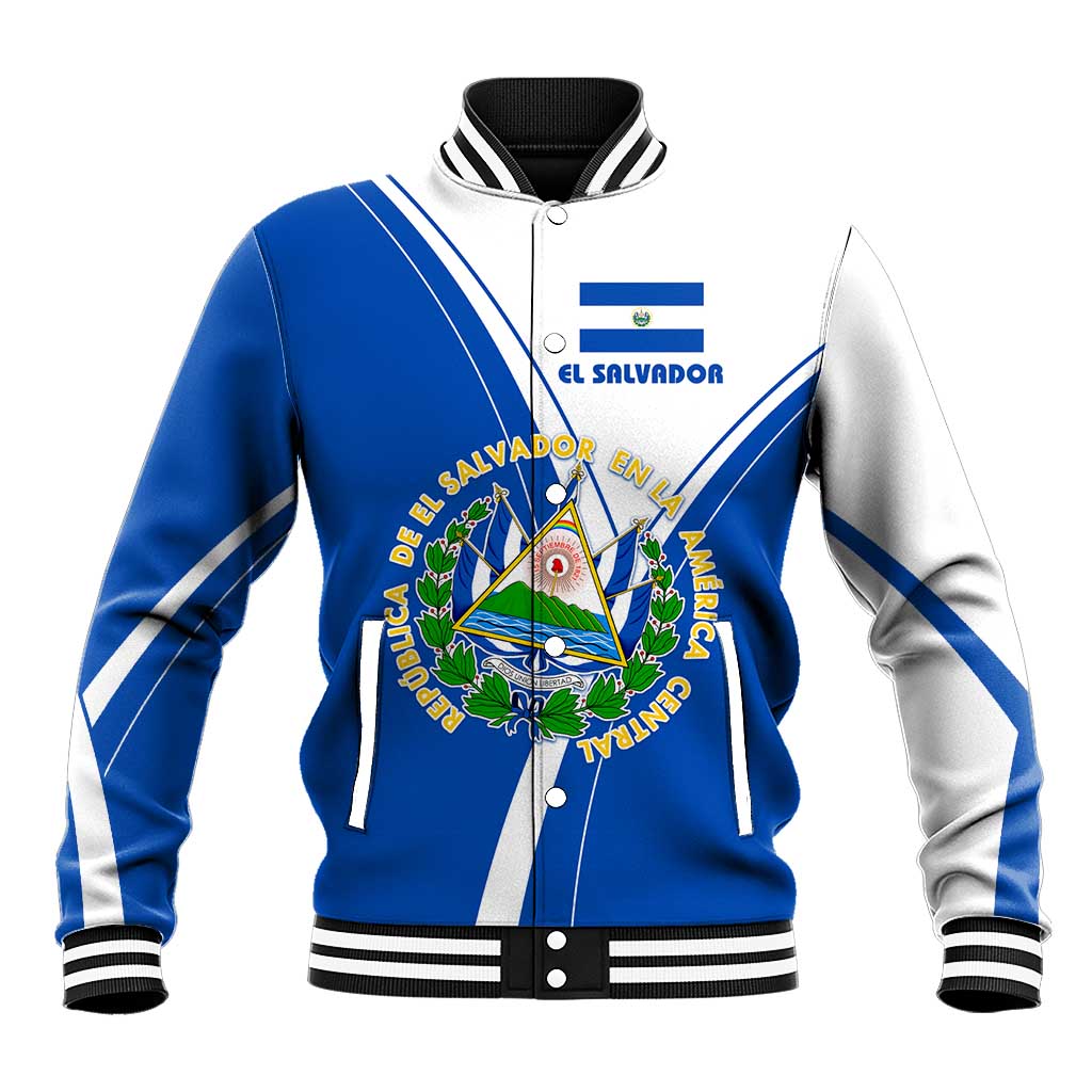 El Salvador National Flag Baseball Jacket with Coat of Arms and Blue White Stripes Design - Wonder Print Shop