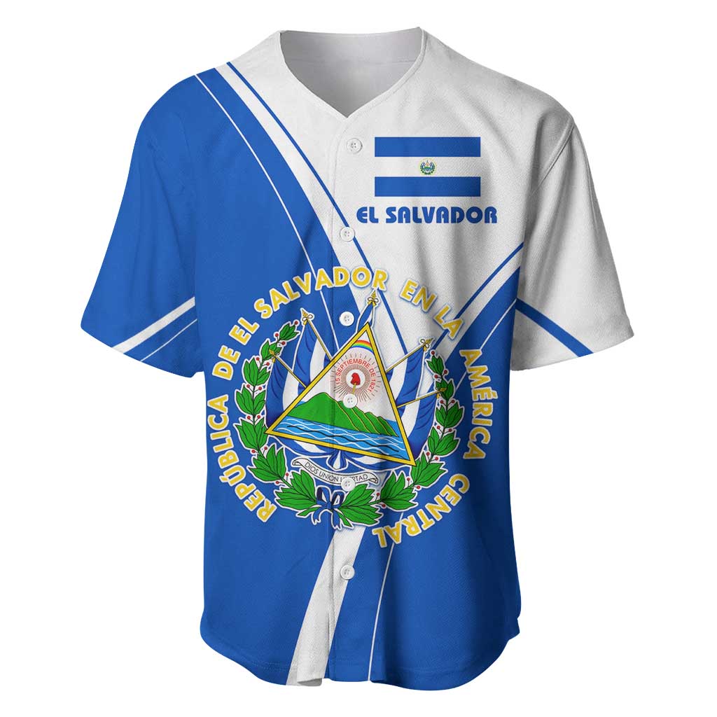 El Salvador National Flag Baseball Jersey with Coat of Arms and Blue White Stripes Design - Wonder Print Shop