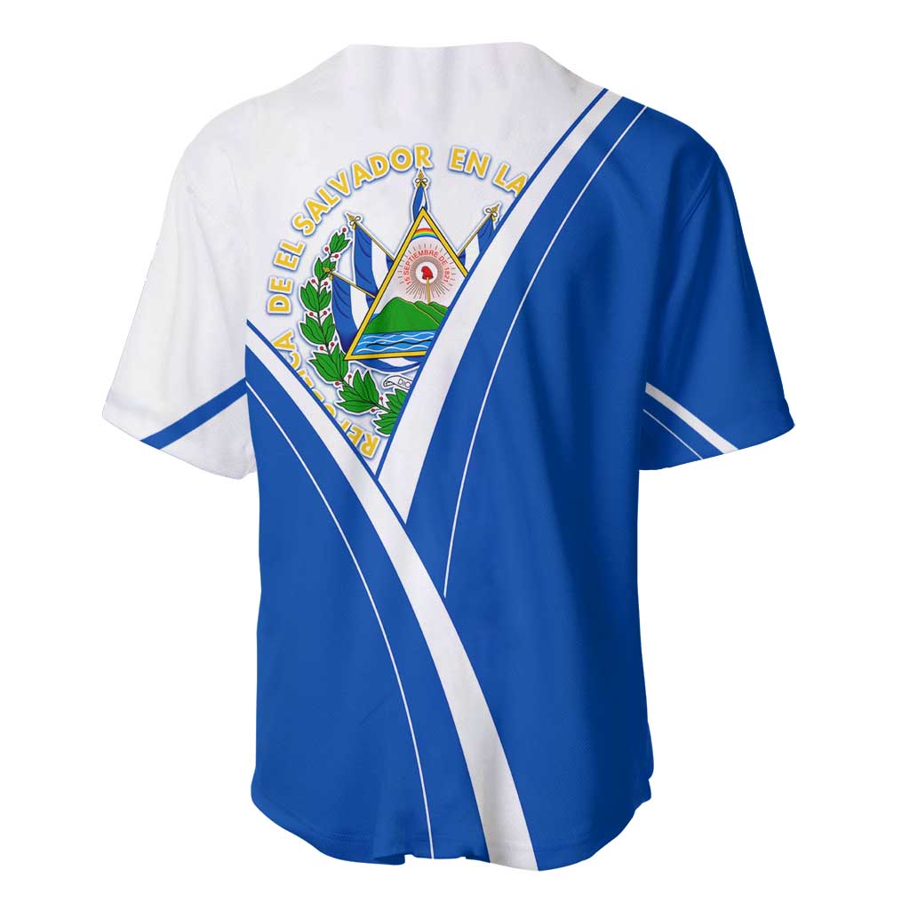 El Salvador National Flag Baseball Jersey with Coat of Arms and Blue White Stripes Design - Wonder Print Shop