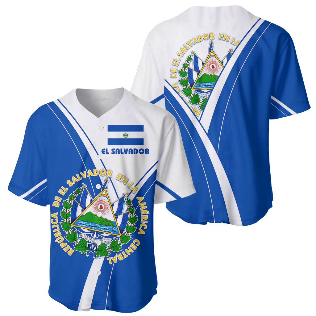 El Salvador National Flag Baseball Jersey with Coat of Arms and Blue White Stripes Design - Wonder Print Shop