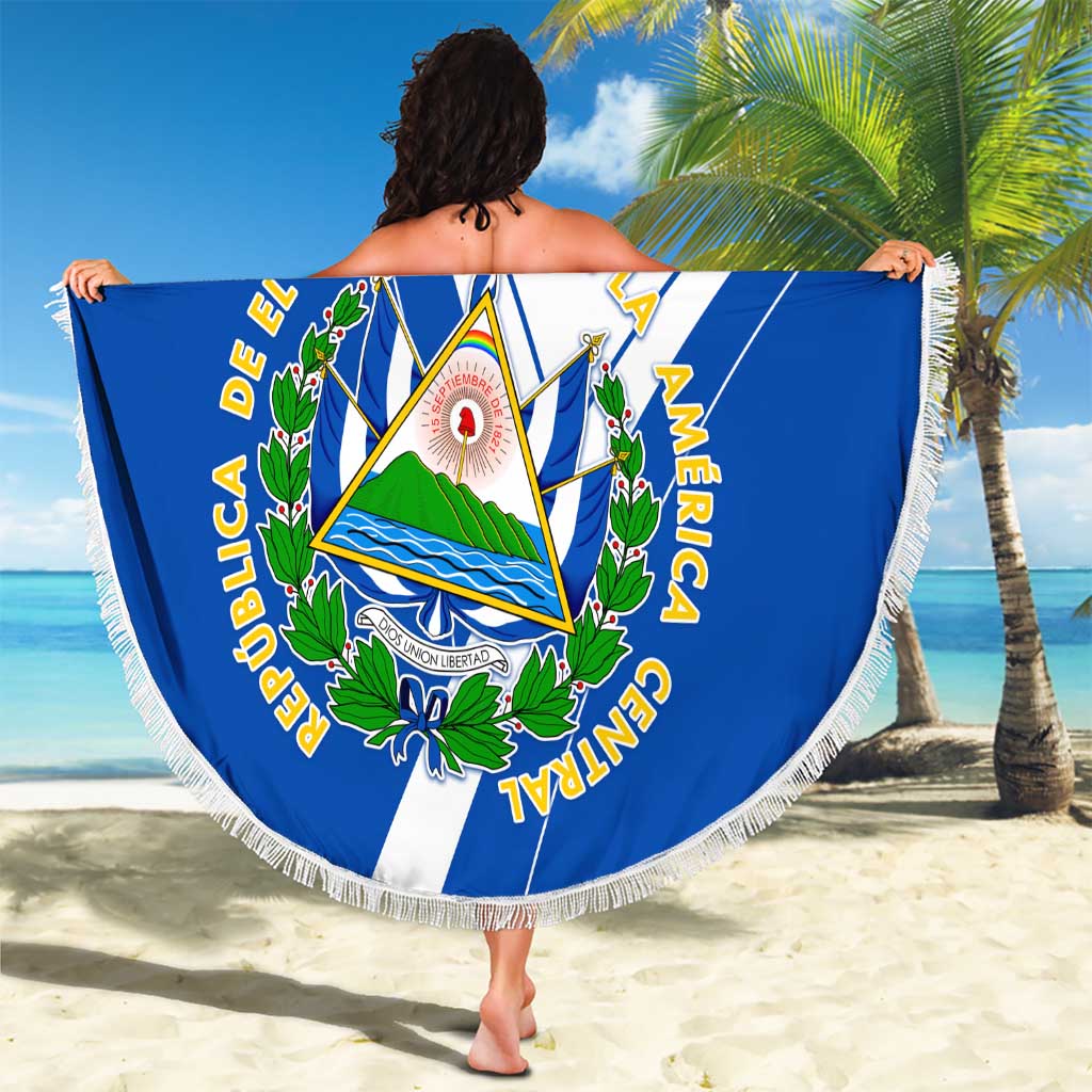 El Salvador National Flag Beach Blanket with Coat of Arms and Blue White Stripes Design - Wonder Print Shop