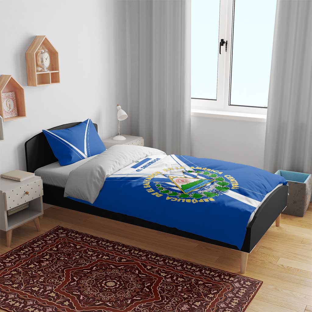 El Salvador National Flag Bedding Set with Coat of Arms and Blue White Stripes Design - Wonder Print Shop