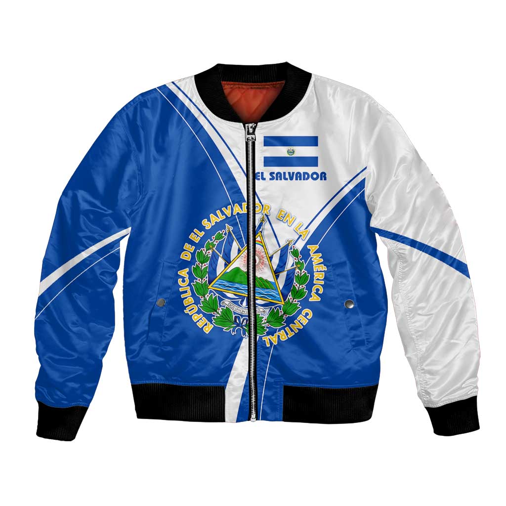El Salvador National Flag Bomber Jacket with Coat of Arms and Blue White Stripes Design - Wonder Print Shop