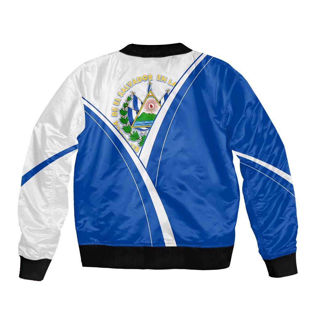 El Salvador National Flag Bomber Jacket with Coat of Arms and Blue White Stripes Design - Wonder Print Shop