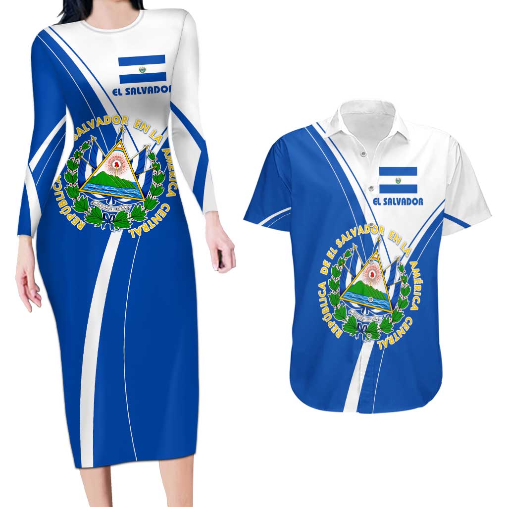 El Salvador National Flag Couples Matching Long Sleeve Bodycon Dress and Hawaiian Shirt with Coat of Arms and Blue White Stripes Design - Wonder Print Shop
