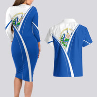 El Salvador National Flag Couples Matching Long Sleeve Bodycon Dress and Hawaiian Shirt with Coat of Arms and Blue White Stripes Design - Wonder Print Shop