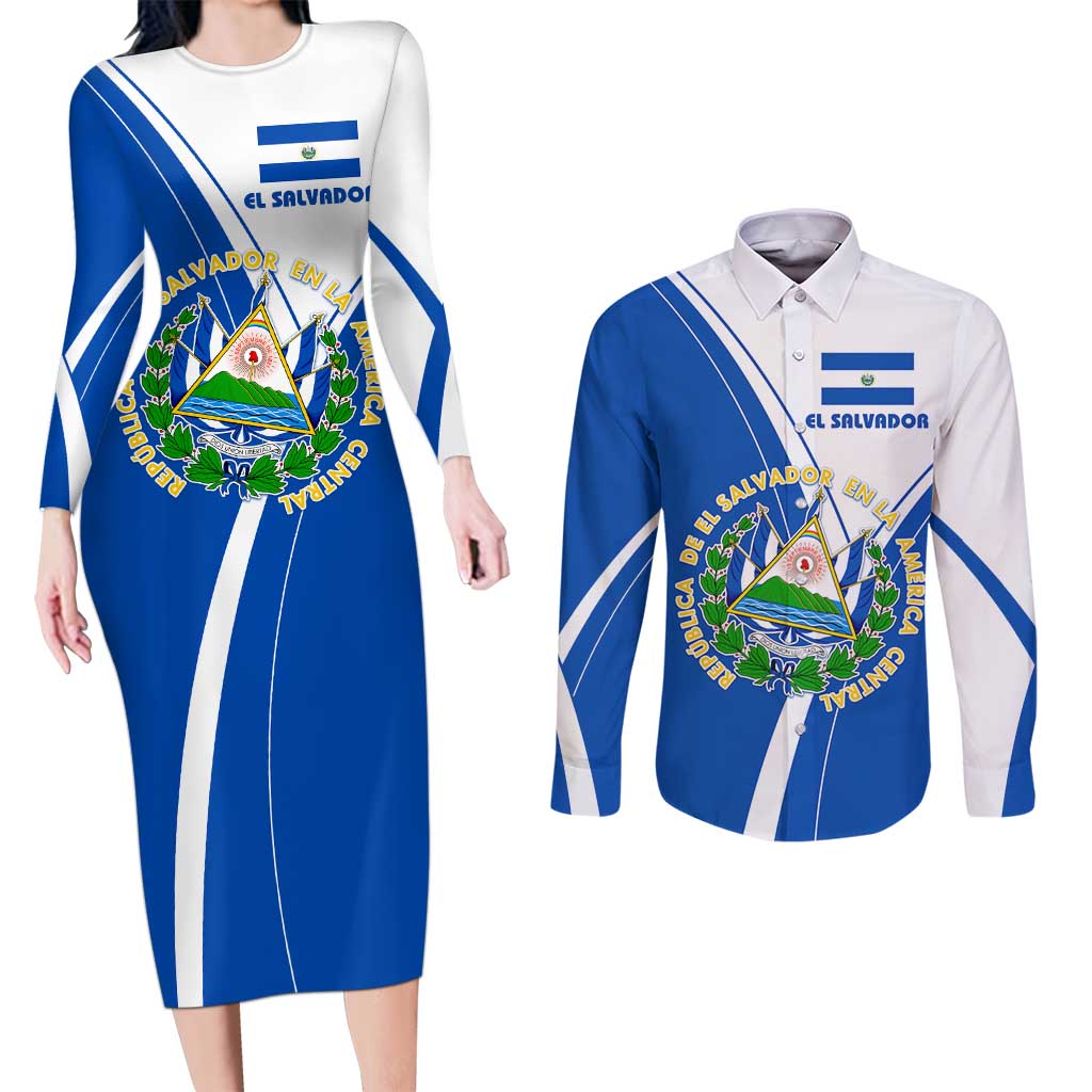 El Salvador National Flag Couples Matching Long Sleeve Bodycon Dress and Long Sleeve Button Shirt with Coat of Arms and Blue White Stripes Design - Wonder Print Shop