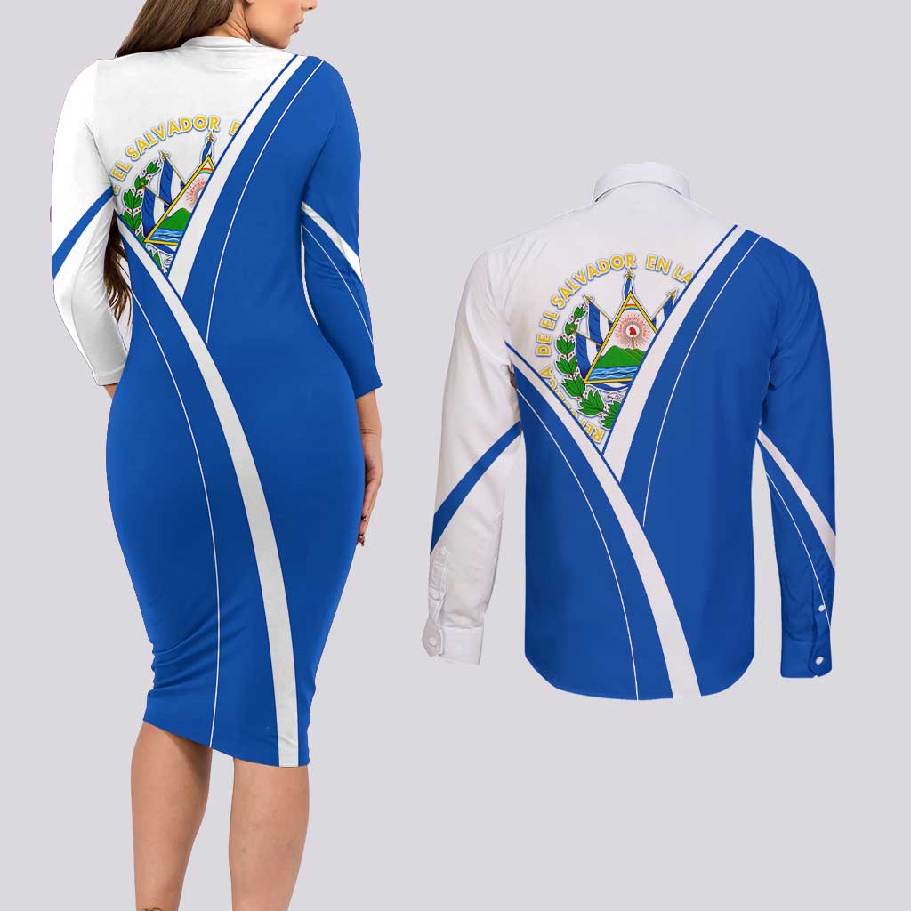 El Salvador National Flag Couples Matching Long Sleeve Bodycon Dress and Long Sleeve Button Shirt with Coat of Arms and Blue White Stripes Design - Wonder Print Shop