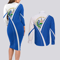 El Salvador National Flag Couples Matching Long Sleeve Bodycon Dress and Long Sleeve Button Shirt with Coat of Arms and Blue White Stripes Design - Wonder Print Shop