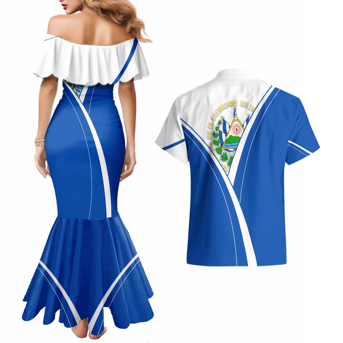 El Salvador National Flag Couples Matching Mermaid Dress and Hawaiian Shirt with Coat of Arms and Blue White Stripes Design - Wonder Print Shop