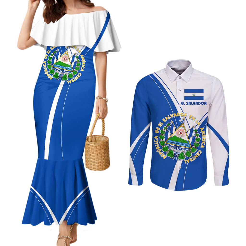 El Salvador National Flag Couples Matching Mermaid Dress and Long Sleeve Button Shirt with Coat of Arms and Blue White Stripes Design - Wonder Print Shop