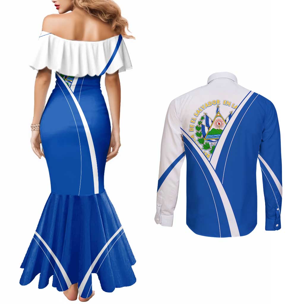 El Salvador National Flag Couples Matching Mermaid Dress and Long Sleeve Button Shirt with Coat of Arms and Blue White Stripes Design - Wonder Print Shop