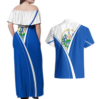 El Salvador National Flag Couples Matching Off Shoulder Maxi Dress and Hawaiian Shirt with Coat of Arms and Blue White Stripes Design - Wonder Print Shop