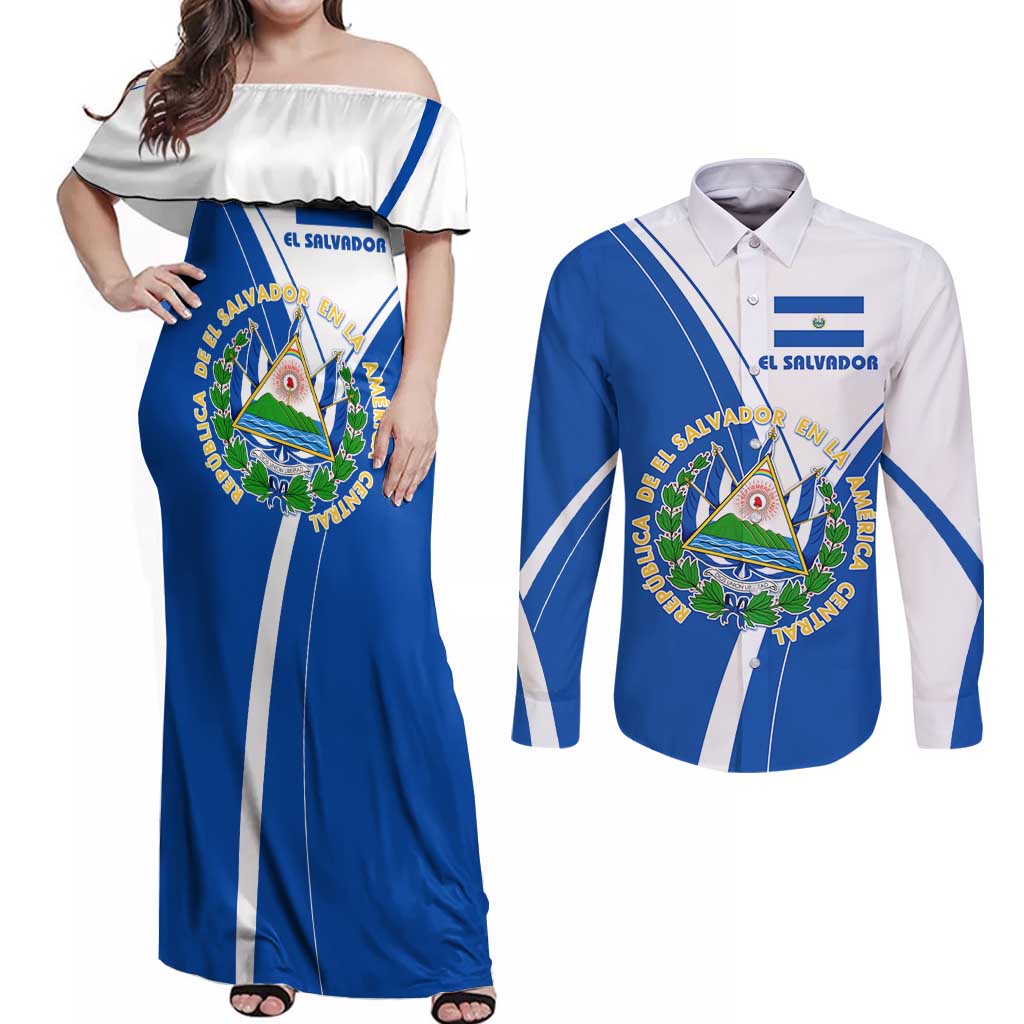 El Salvador National Flag Couples Matching Off Shoulder Maxi Dress and Long Sleeve Button Shirt with Coat of Arms and Blue White Stripes Design - Wonder Print Shop